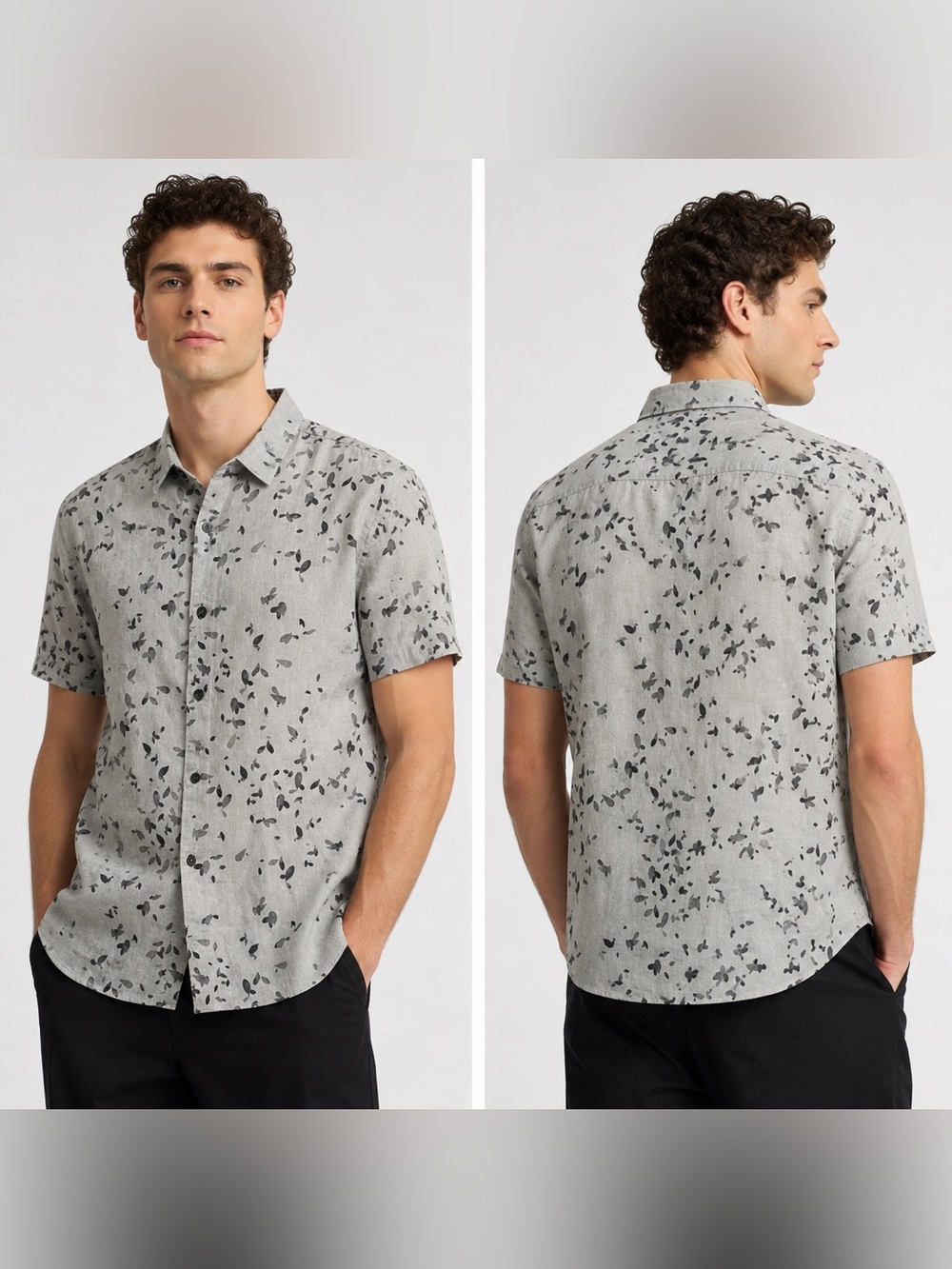 Theory Leaf Print Linen Blend Short Sleeve Button Up Shirt Gray